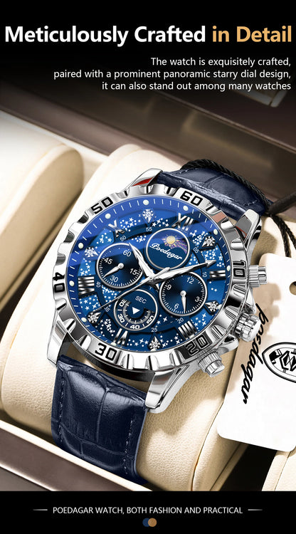 POEDAGAR Top Functional Luxury Man Wristwatch Waterproof Luminous Chronograph Leather Sports Watches For Men Quartz Men's Watch