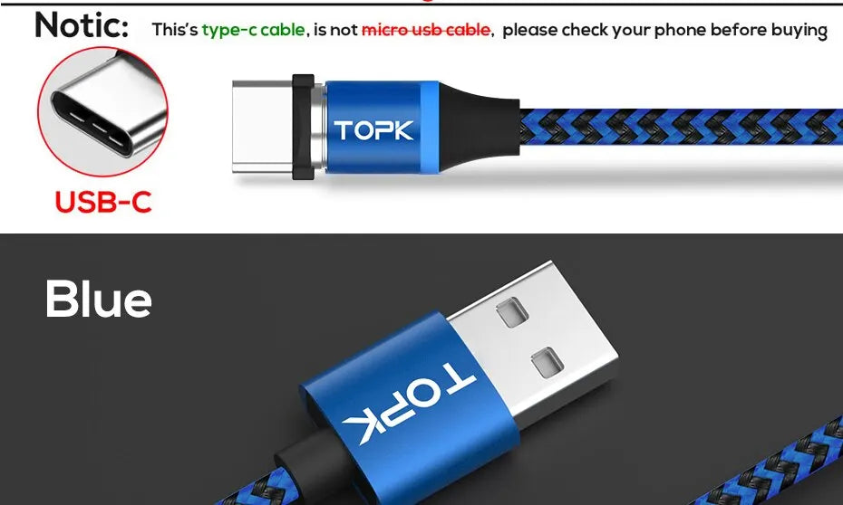 Magnetic Charging Cable 3 IN 1 TOPK 360 Rotation Magnetic Phone Charger Cable with LED Light for Micro USB Type C Cable