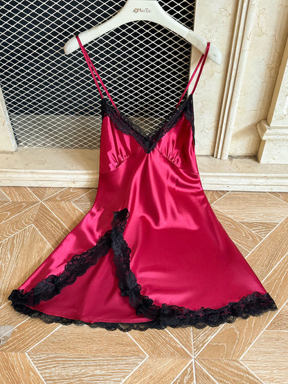 Women's Sexy Fashion V-Neck Sleep Dress Lace Trim Crisscross Back Nightgown Loungewear