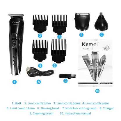 Kemei KM-1506 3 in 1 Electric Hair Clipper USB Charging Shaver Rechargeable Nose Hair Trimmer Professional Shaving Machine