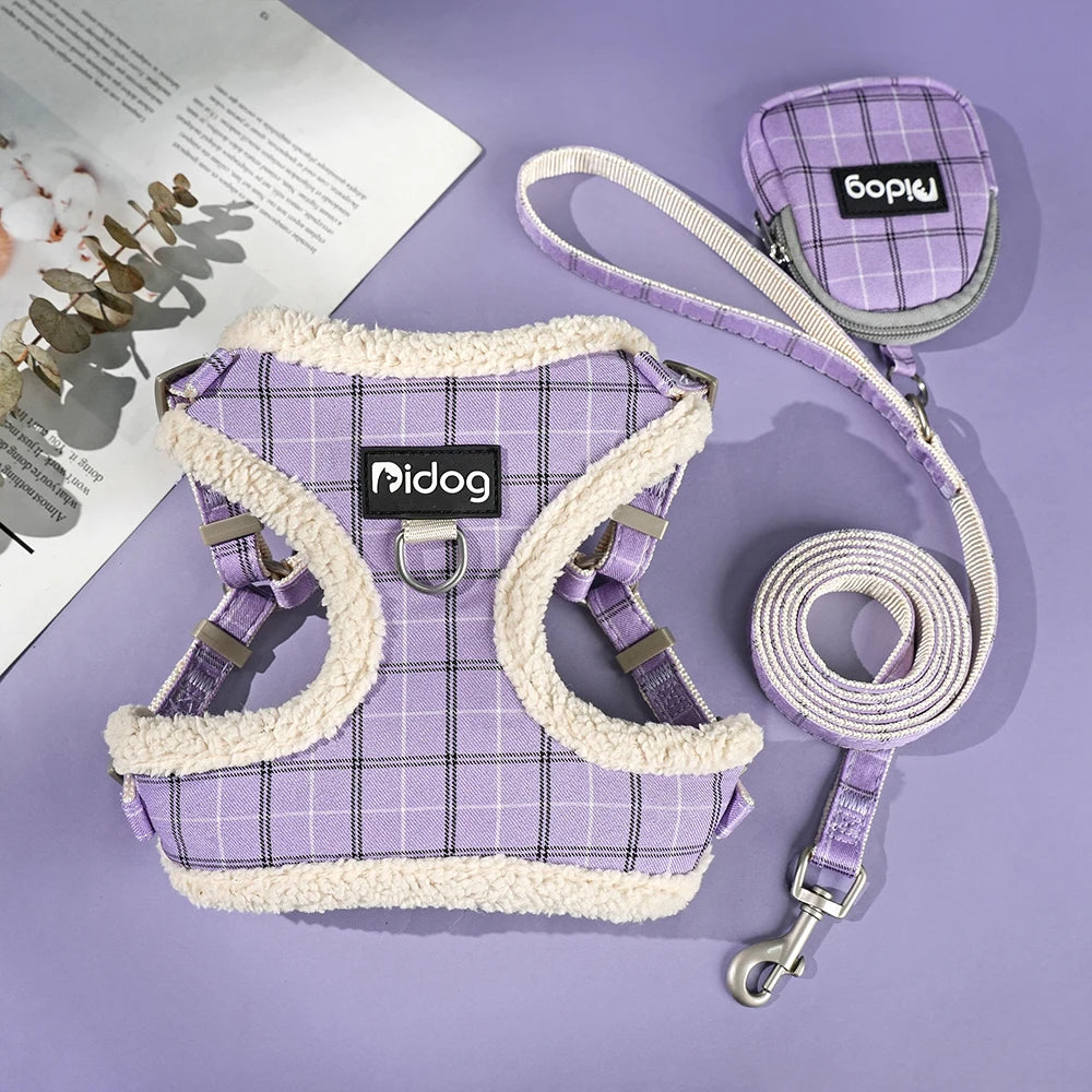 Breathable Dog Harness Leash Bag Set Winter Warm Dog Fur Harnesses Vest Pet Walking Rope With Garbage Bag for Small Medium Dogs
