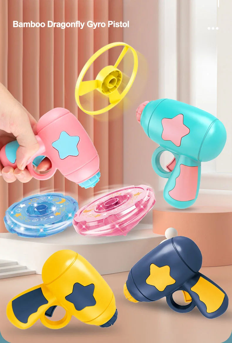 Children Saucer Launcher Pistol Outdoor Spinning Top Dinosaur Gun Toys Flying Disc Bamboo Dragonfly Ejection Luminous Gyroscope