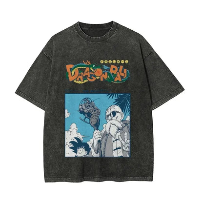 Anime Dragon Ball Cosplay Washed T-Shirt Cotton Short Sleeve Loose Large Casual Sports Fitness T-Shirt Men's Harajuku Clothing