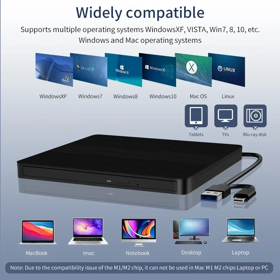2-in-1 USB3.0 Type-C External DVD RW CD Writer Drive Burner Reader Player CD-ROM DVD-ROM Optical Drives For Laptop Desktop PC