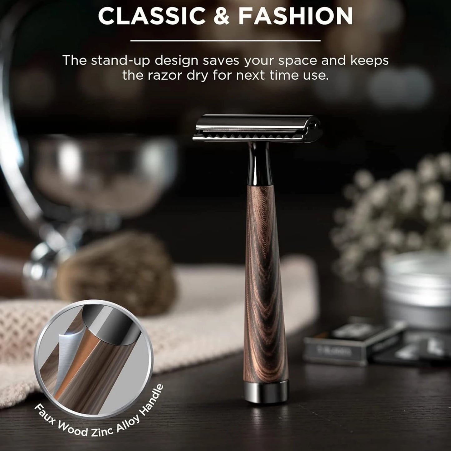Double Edge Safety Razor, Wood Grain Handle Handle Razor with 5 Stainless Steel Blades, Heavy Duty Eco-Friendly Razor F