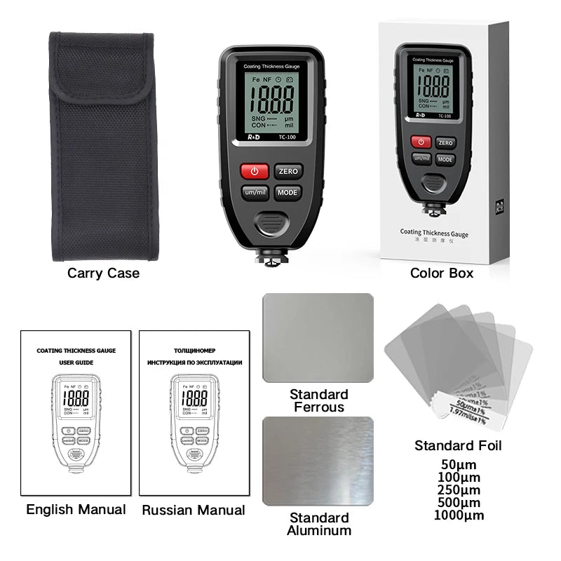 R&D TC100 Coating Thickness Gauge 0.1micron/0-1300 Car Paint Film Thickness Tester Measuring FE/NFE Russian Manual Paint Tool
