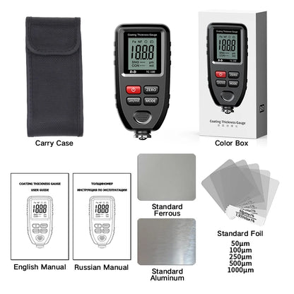 R&D TC100 Coating Thickness Gauge 0.1micron/0-1300 Car Paint Film Thickness Tester Measuring FE/NFE Russian Manual Paint Tool