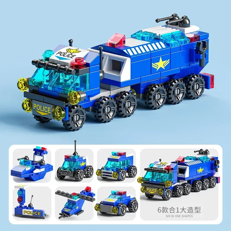 City Fire Car Building Blocks for Children, Police Truck, Engineering Crane, Tank, Helicopter Bricks Set Toys for Kids, 6in 1