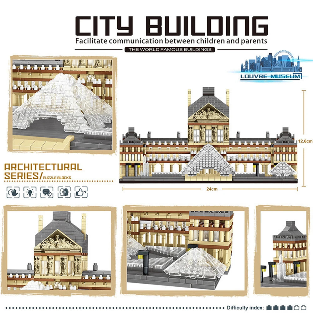 Knew Built Louvre Micro Mini Building Blocks for Adult, Architecture Toys Set, Construction, Arc Triomphe Eiffel Assembly Bricks