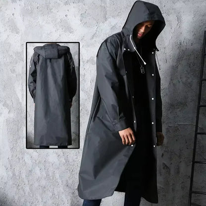 Fashion black adult windbreaker style waterproof long raincoat women's men's hooded outdoor motorcycle, bicycle, hiking, fishing
