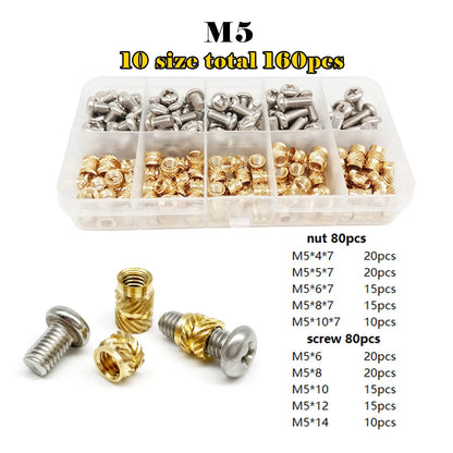Brass Copper Embed Insert Nut Screw Kit Set M1.4M1.6 M2 M2.5 M3 M4 M5 M6 for Heat Melt Injection 3D Print Twill Knurled Thread