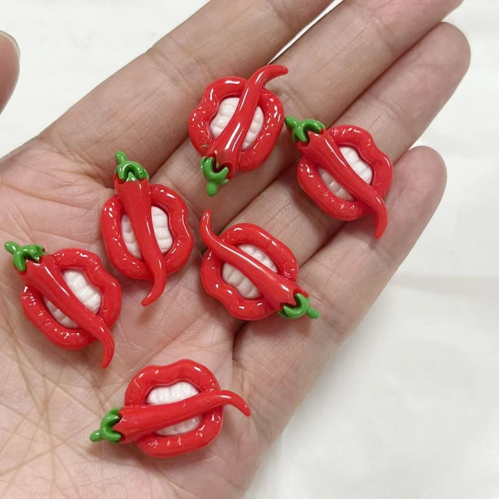 10Pcs Kawaii Hot Sweet Red Pink Large Glossy Lip Soild Color Lipstick Star Love Heart Resin Art Charms Decor Diy Junk Phone Case