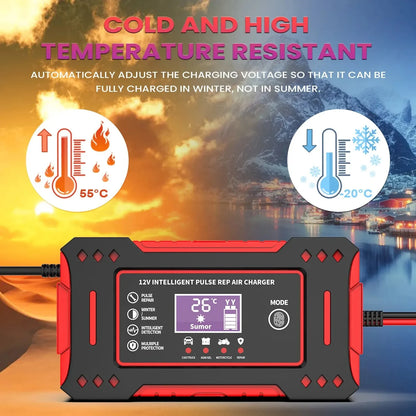 6A 12V Intelligent Car Battery Charger Car and Motorcycle Battery Charging Unit Lead-Acid Battery Repair LCD Display
