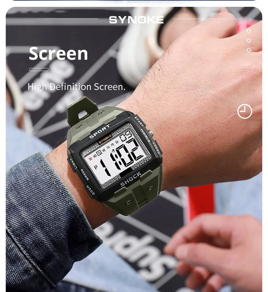 SYNOKE New For Men Sports Electronic Watch Waterproof Night Glow Large Screen Square Outdoor Running Camping Student Watch