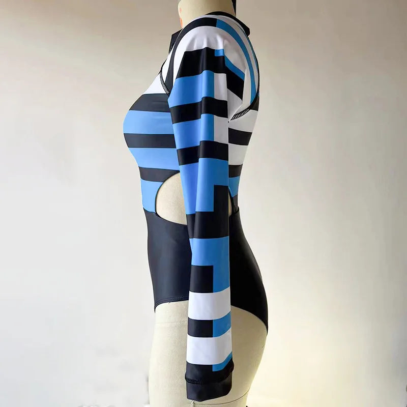 New Patchwork One-Piece Swimsuit Long Sleeve Swimwear Sports Backless Women's Swimming Bathing Suit Beach Wear Bather Surfing