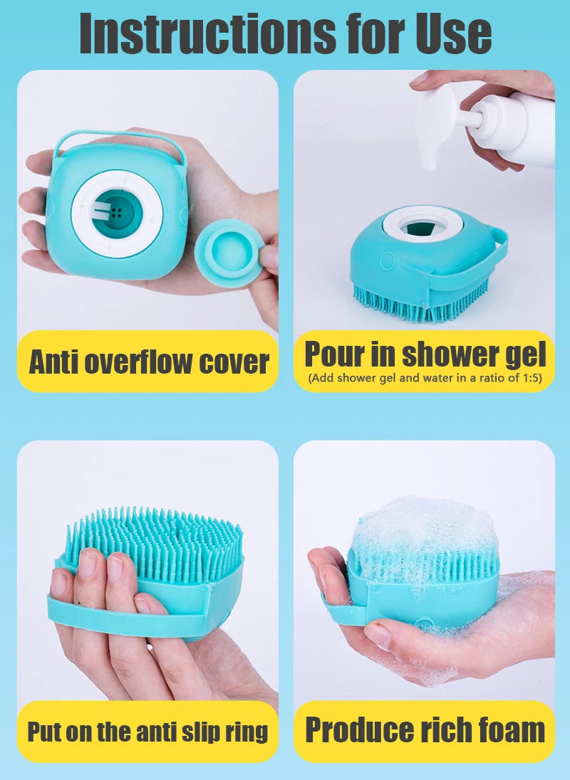 Dog Bathing Brush Pet Massage Brush Shampoo Dispenser Soft Silicone Brush Rubber Bristle for Dogs and Cats Shower Grooming Tool