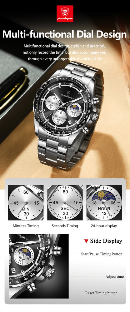 POEDAGAR Business Brand Man Wristwatch Waterproof Stainless Steel Luminous Men Watch Chronograph Date Men's Quartz Watches Reloj