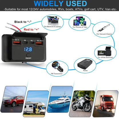 Car Charger Socket Adapter with Switch, 2-4-Ports Charging Splitter, Outlet for Bus, RV, ATV,Truck,Boat,Outlet,12V,24V, PD,QC3.0