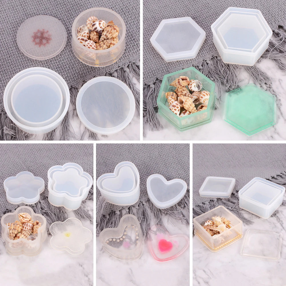 DIY Silicone Jewelry Box Mold Heart Hexagon Flower Storage Boxs Molds with Lid Epoxy Resin Mould Casting Crafting Macking Tool