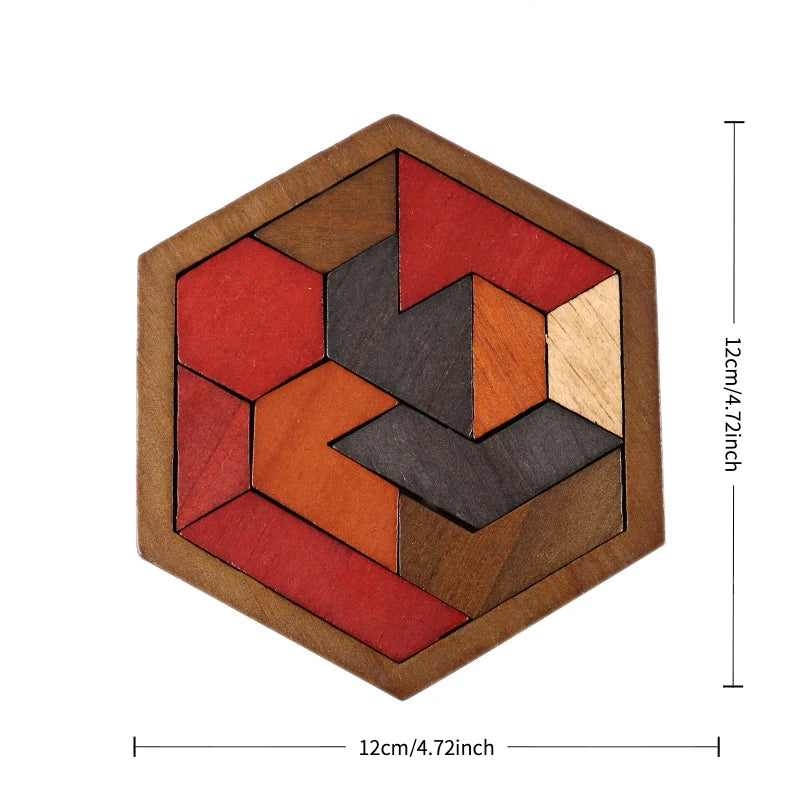Hexagonal Wooden Puzzle — Adult Brain Teaser Toy, comprising 11 interlocking puzzle pieces, a challenging logic game ideal for t