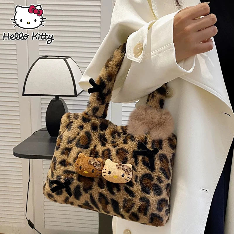 Hello Kitty leopard print plush fashion cute handbag for girls shoulder bag armpit handbag lightweight and durable gift forgirls