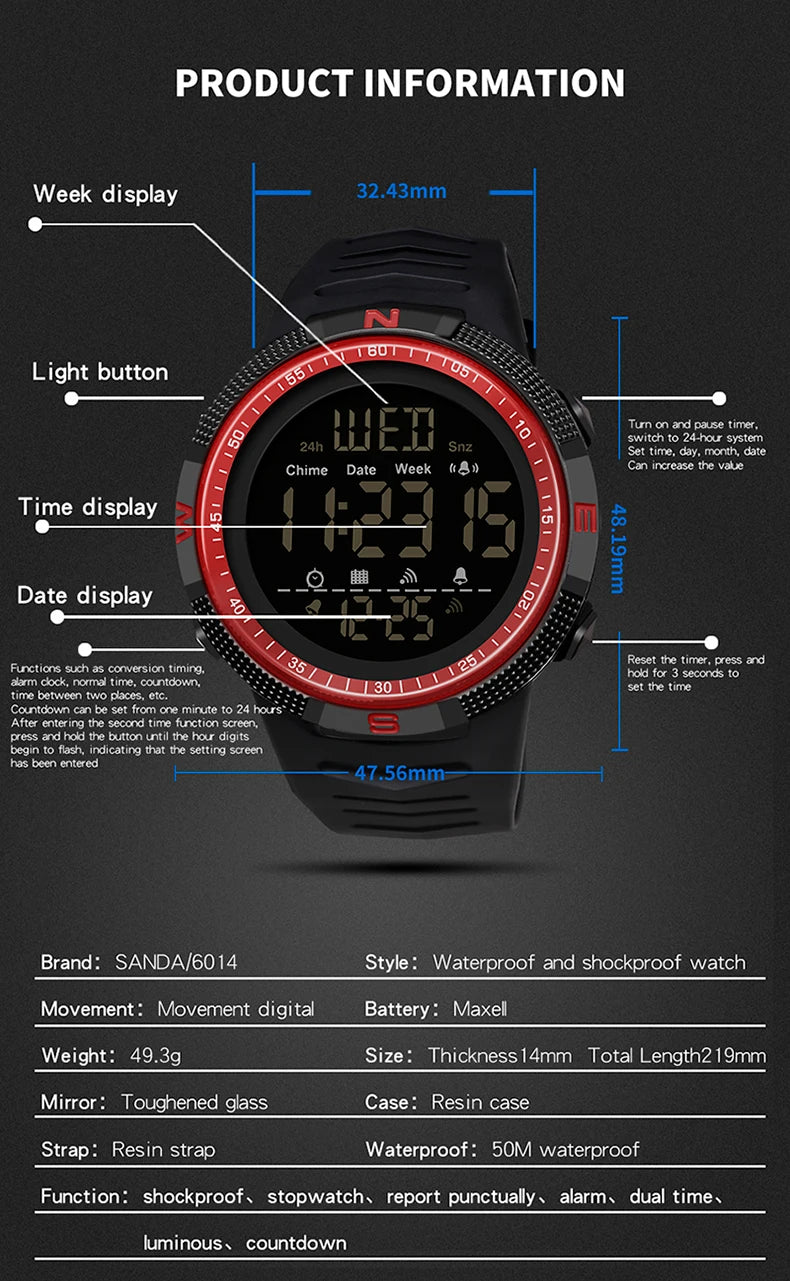 SANDA Brand Military Sport Watch Mens Clock Fashion Digital Wristwatch Shockproof Countdown Watches Waterproof Hour Bracelet