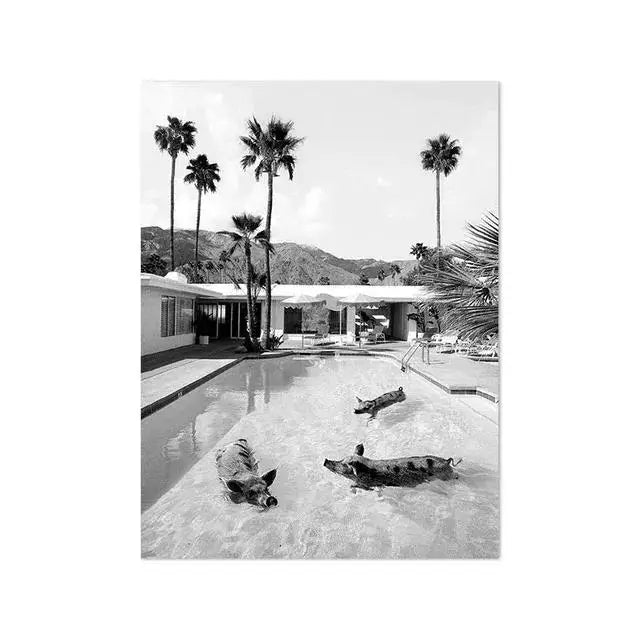 Beach Camper Van Surfing Ocean Landscape Wall Art  Palm Tree  Surfboard Canvas Painting  Home Room Decor Poster Prints