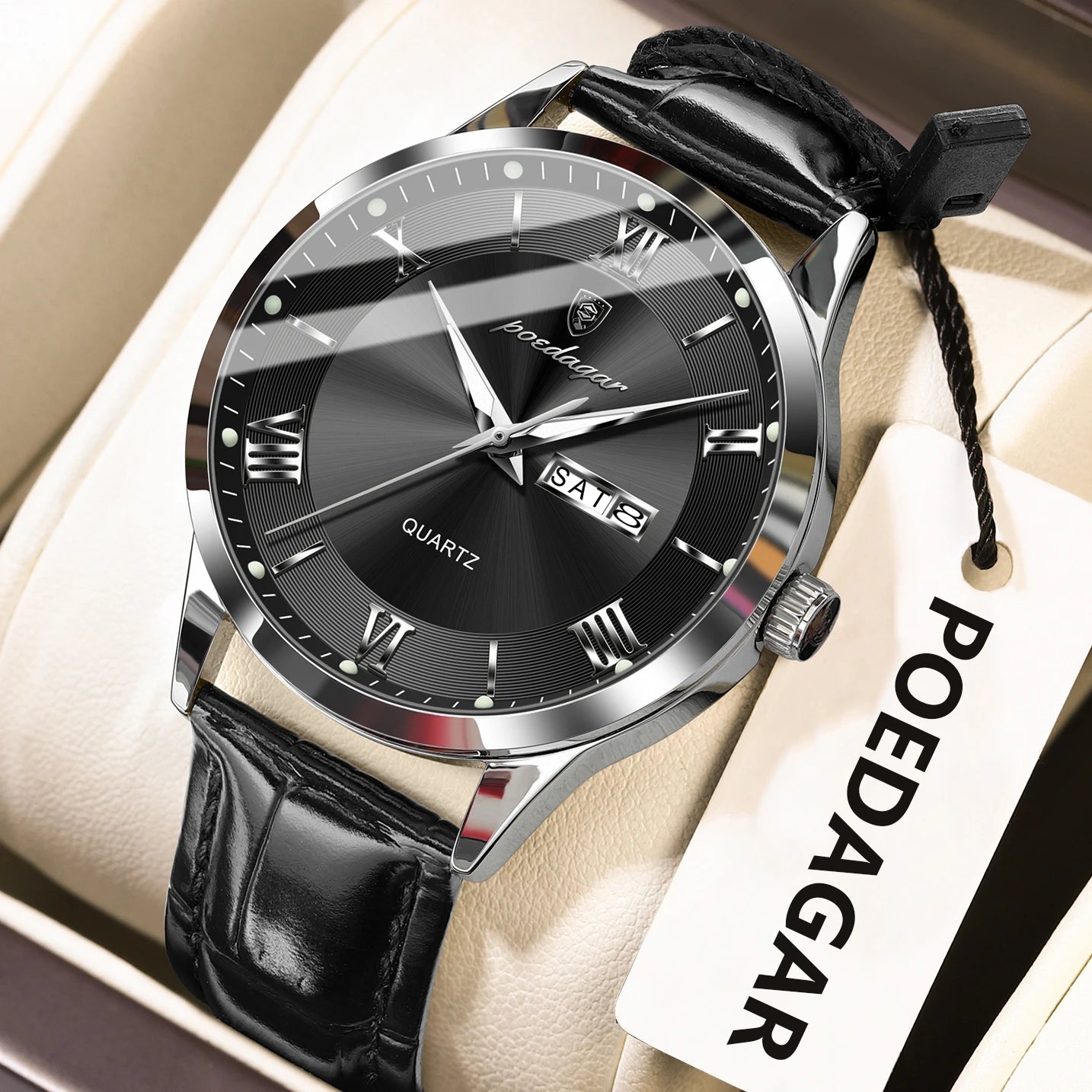 POEDAGAR Business Brand Men Clock Waterproof Luminous Date Week Fashion Man Wristwatch Leather Luxury Men's Quartz Watches Reloj