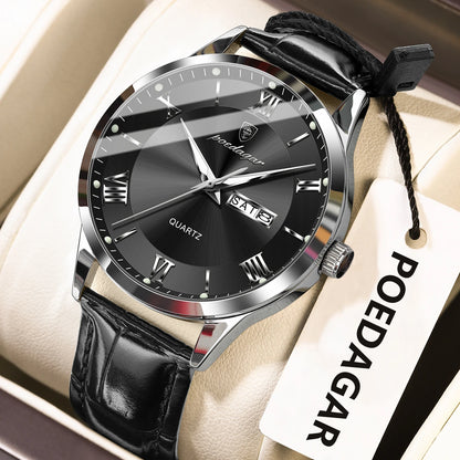 POEDAGAR Business Brand Men Clock Waterproof Luminous Date Week Fashion Man Wristwatch Leather Luxury Men's Quartz Watches Reloj