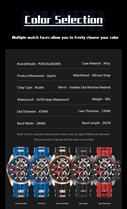 POEDAGAR Luxury Watch For Men Date Chronograph Luminous Waterproof Silicone Male Watch Fashion Sports Quartz Men's Watches Reloj