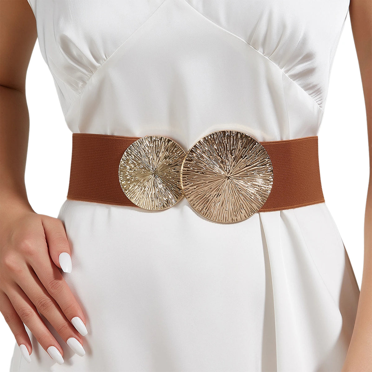 Women Solid-Color Belt,Wide Elastic Belt ,Coat/Dress Accessories Waist Belt,Chunky-Gold Discs Round Belts,for Daily/Party Use