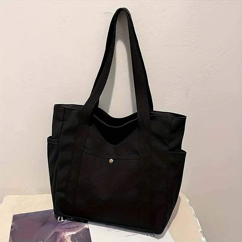 Stylish Large Capacity Canvas Tote Bag - Zipper Closure Durable Shoulder Straps Perfect for Commuting, College and Book Carrying