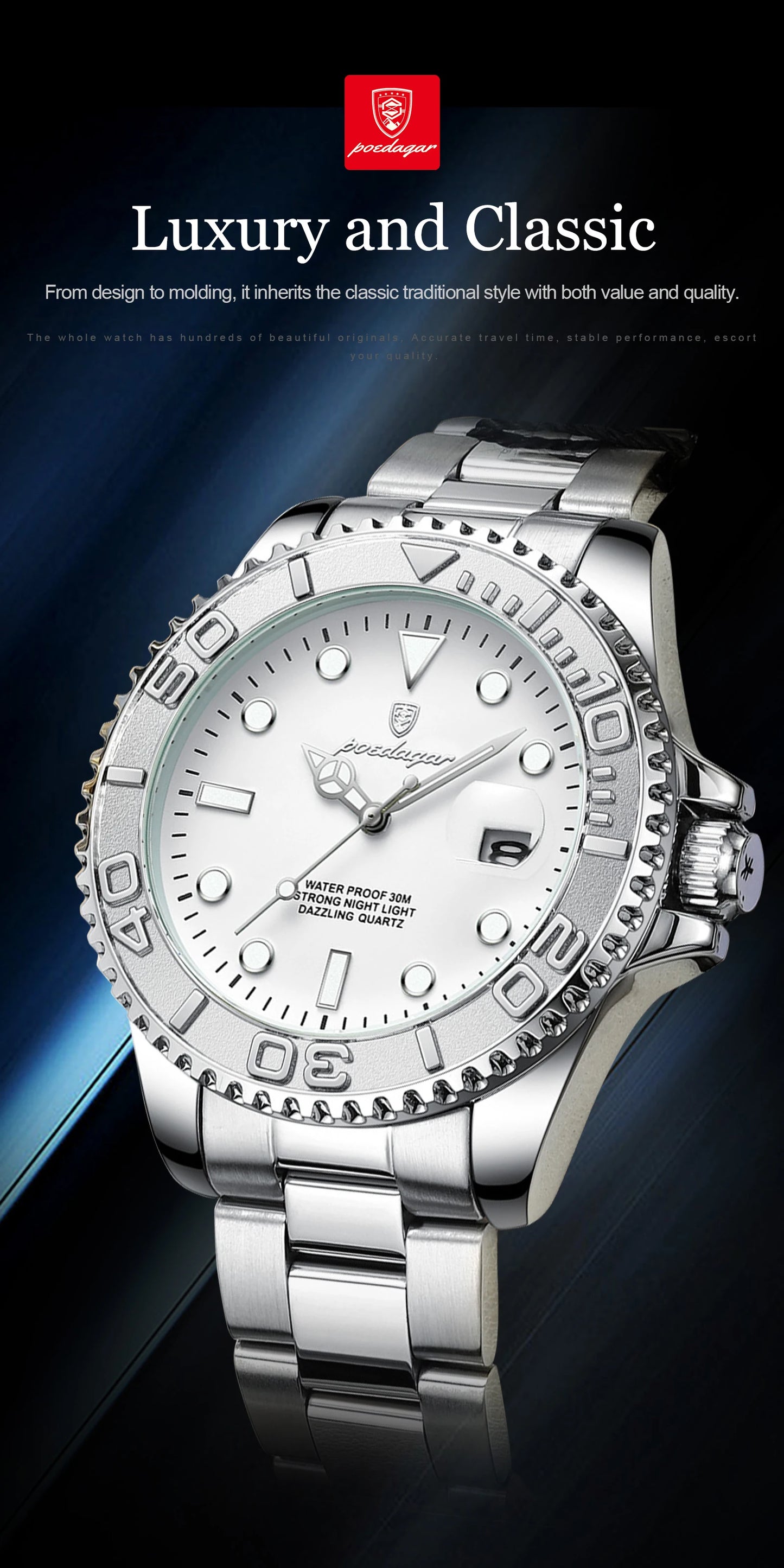 POEDAGAR Casual Fashion Man Wristwatch Waterproof Luminous Date Exquisite Men Watch Stainless Steel Classic Men's Quartz Watches