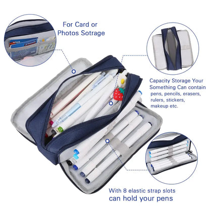 Pencil Case Large Space Storage 3 Compartment Pouch Double Side Opened Student Stationery Desk Organizer School Supplies