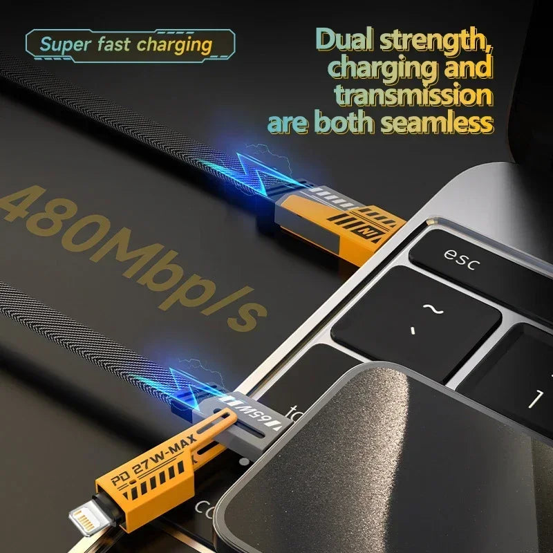 4-in-1 Fast Charging Cable, 65W PD QC Charging Cable with Multiple Connectors, Suitable for Android/iPhone