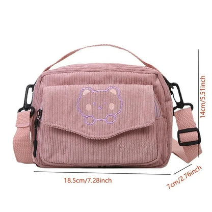 Personalized Teddy Bear Embroidered Diagonal Shoulder Bag, Corduroy Leisure Bag, WOMEN'S Crossbody Bag