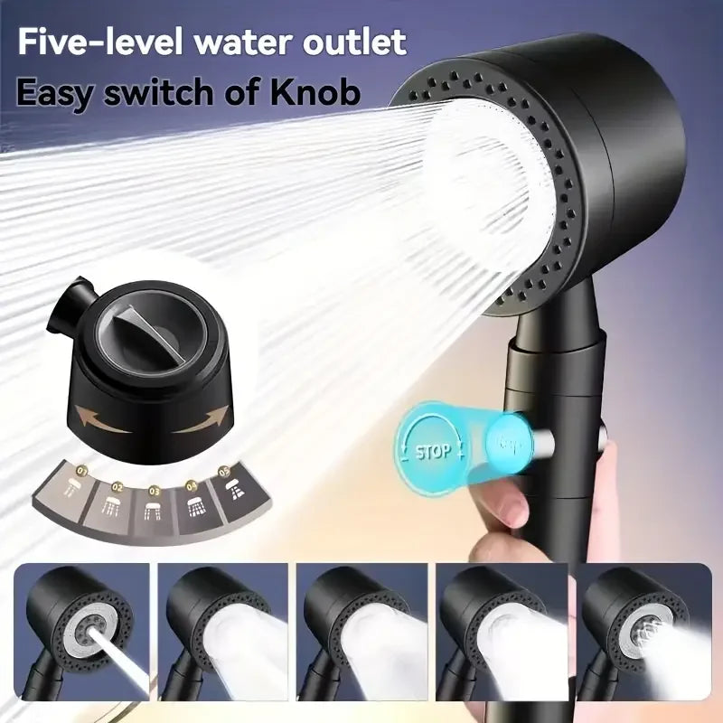 New High Pressure Water Saving Filter Shower Head 5 Modes Handheld Shower Head One Button Stop Bathroom Accessories Set