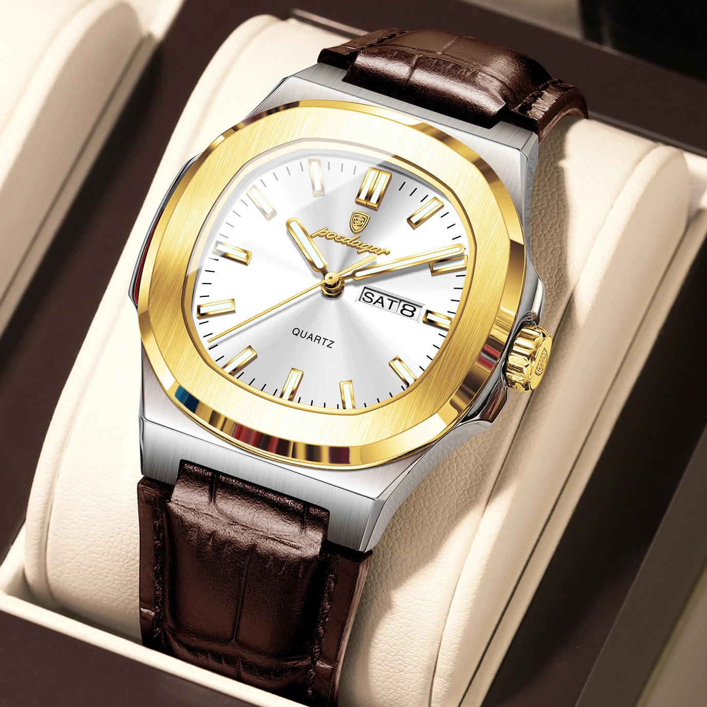POEDAGAR Square Wristwatch For Men Luminous Waterproof Week Calendar Luxury Man Clock Leather Quartz Fashion Men's Watches Reloj