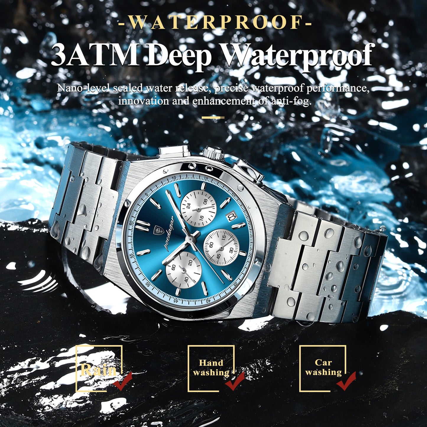 POEDAGAR Fashion Man Watches Chronograph Date Stainless Steel Casual Men Wristwatch Waterproof Luminous Men's Quartz Watch Reloj