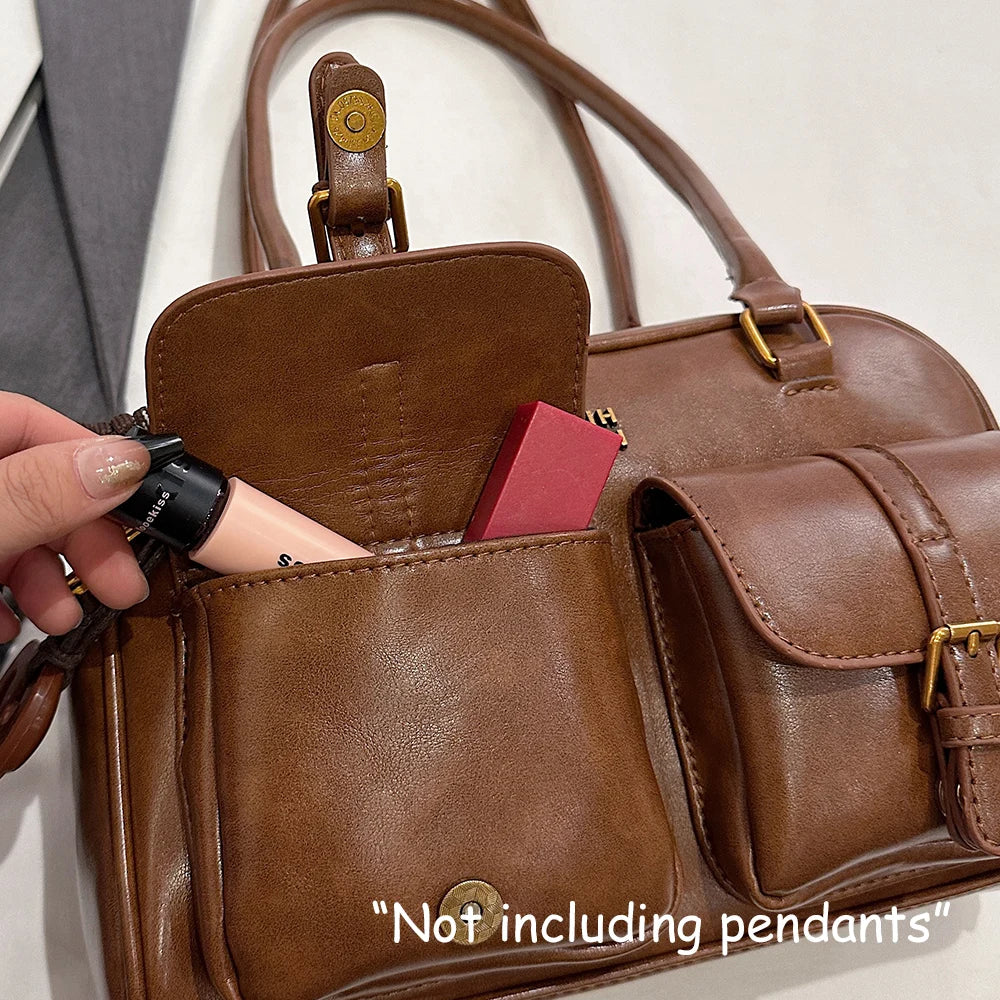 Women's Retro Solid Color Pu Leather Shoulder Bag with Multiple Pockets, Large Capacity, Exquisite and Fashionable Handbag