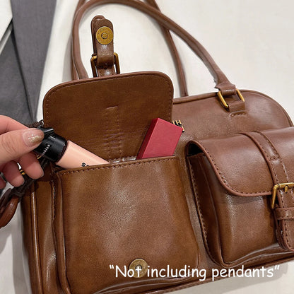 Women's Retro Solid Color Pu Leather Shoulder Bag with Multiple Pockets, Large Capacity, Exquisite and Fashionable Handbag