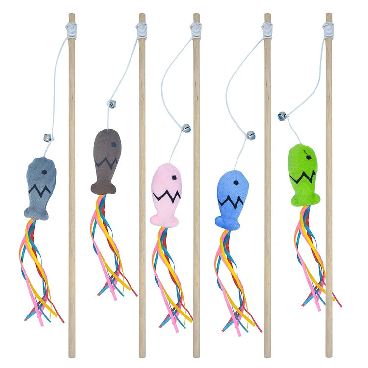 Fashion Cat Wand Toy Natural WoodenTeaser Wand for Cat Interactive Elastic String Cat Stick Pole Toy for Indoor