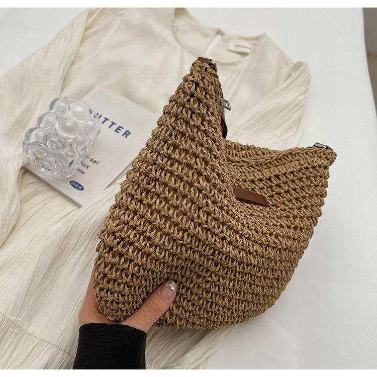 Straw woven bag, single shoulder, women's fashionable weaving, ins style, seaside beach, crossbody bag for women