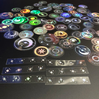 70 pcs PET Adhesive Stickers Waterproof Transparent Laser Silver Stickers Label: SUN MOON Stars Etc