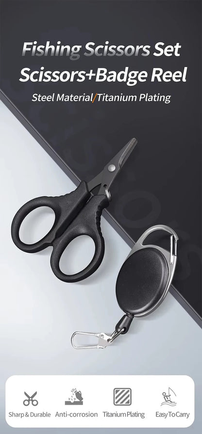 WEIHE Steel Fishing Scissors Set pesca Scissors With Badge Reel Cutting Line Tool Fishing Tools