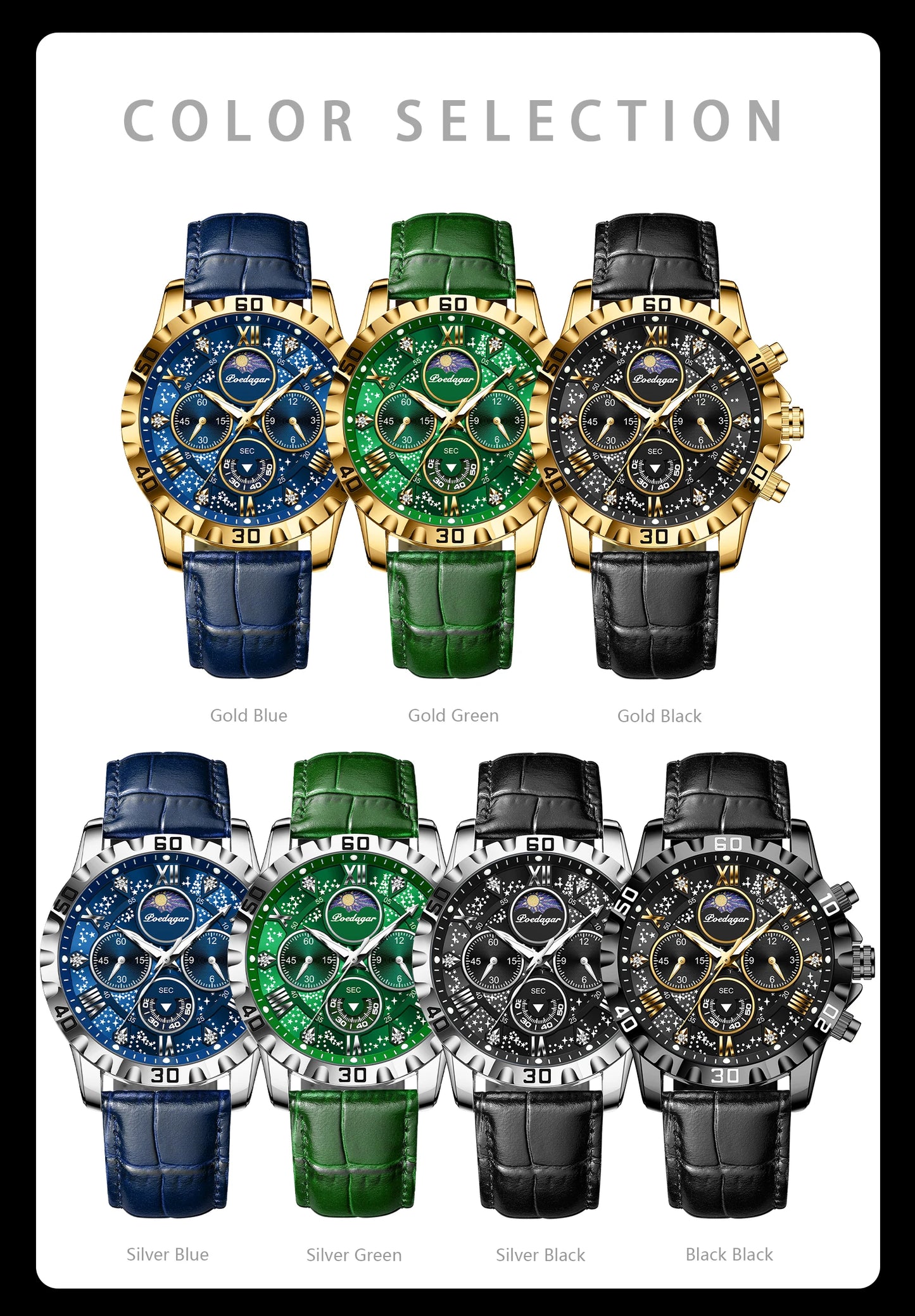 POEDAGAR Top Functional Luxury Man Wristwatch Waterproof Luminous Chronograph Leather Sports Watches For Men Quartz Men's Watch