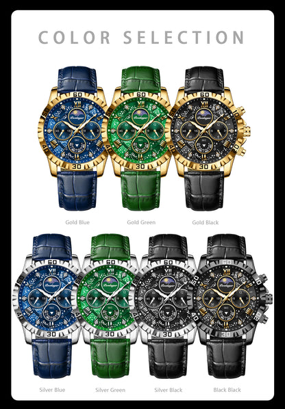 POEDAGAR Top Functional Luxury Man Wristwatch Waterproof Luminous Chronograph Leather Sports Watches For Men Quartz Men's Watch