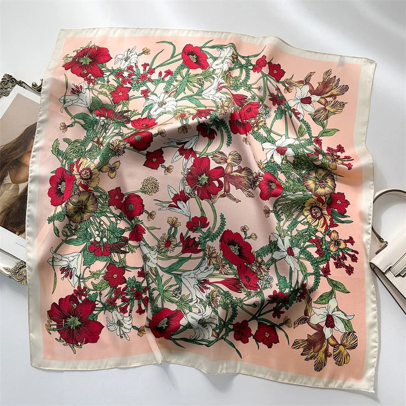 Luxury Print imitation Silk Square Scarf Women Spring Neck Tie Shawl Wraps Female Hair Hand Wrist Headkercheif Hijab Bandana
