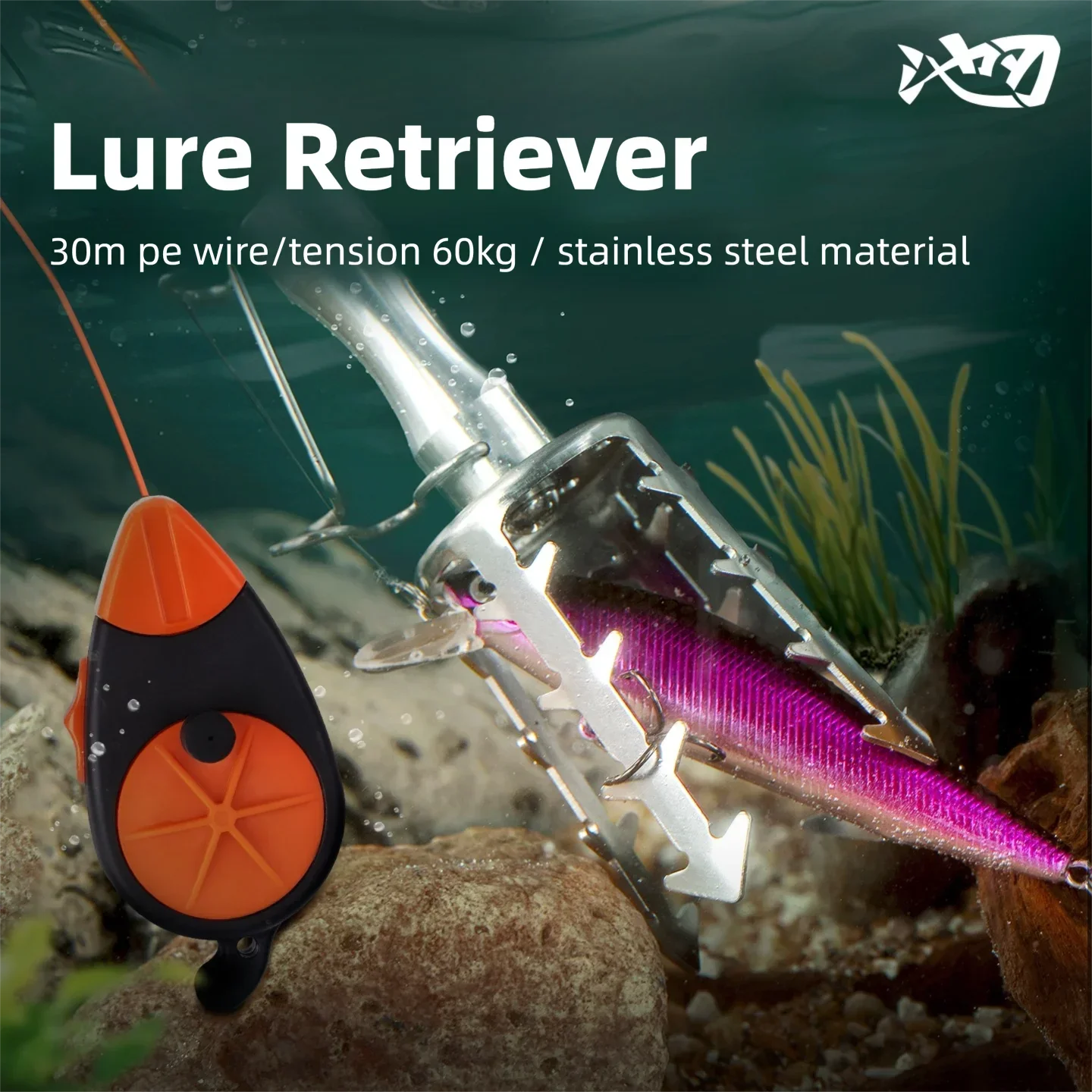 Stainless Steel Lure Retriever  With 30m PE Line,Pull Force 132LB, Bait Gripper Stuck Fish Lures Seeker Bait Saver Fishing Tools