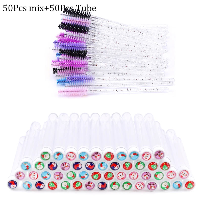 100/50pcs Christmas Eyelash Brush Tube Reusable Eyebrow Brushes Mascara Wand Dust-proof Storage Tubes Cosmetics Makeup Tools